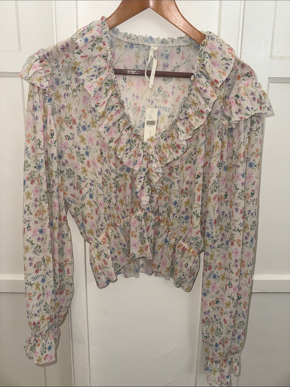 Anthropologie Pastel Floral Ruffle Blouse - White Base